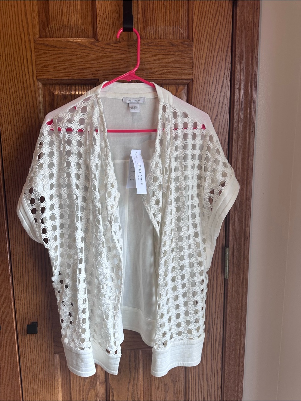 Joan Vass Sz 3 white luxury cotton eyelet sleeveless open cardigan jacket Sz 16